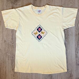 Anvil Graphic T-Shirt Butterfly Quilt Embroidery Yellow Large Vintage USA